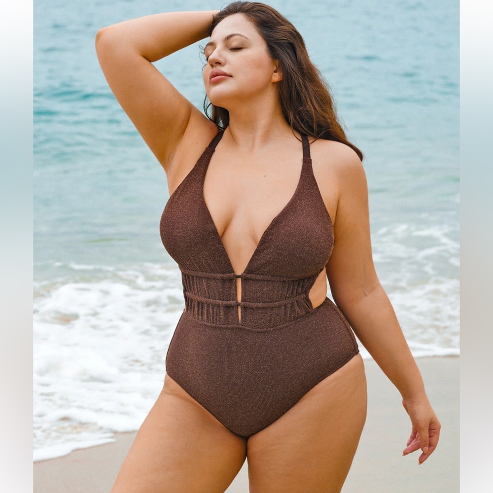 Berlook Elegant shimmer‎ sparkle Brown One-Piece Swimsuit NEW 24
